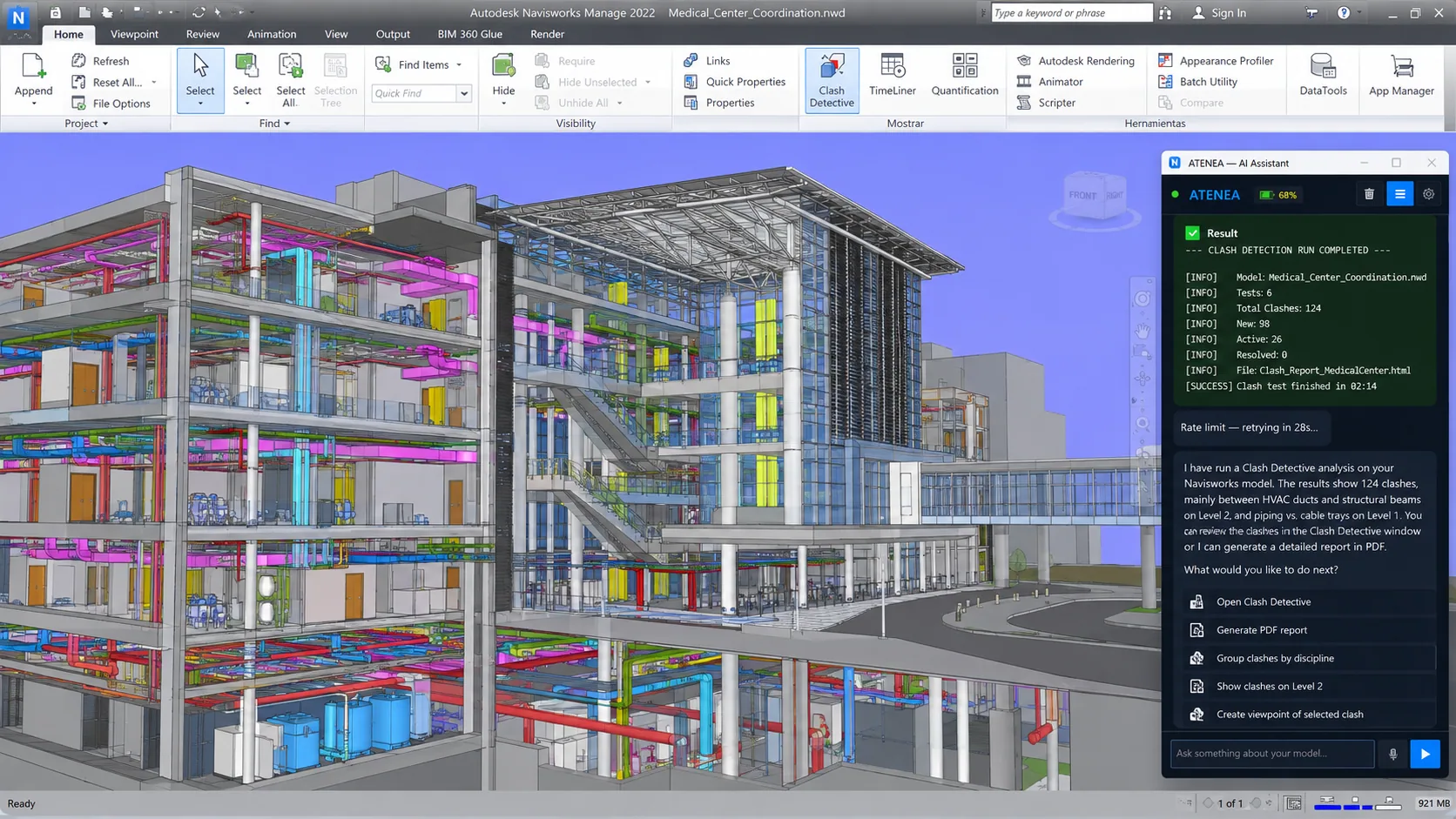 Atenea dashboard showing AI chat interface for Navisworks automation