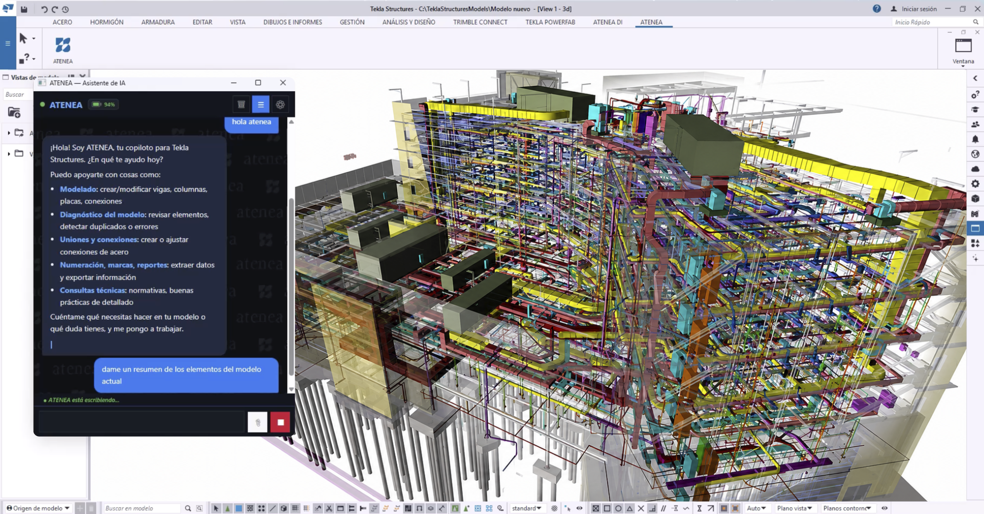 Atenea dashboard showing AI chat interface for Tekla automation