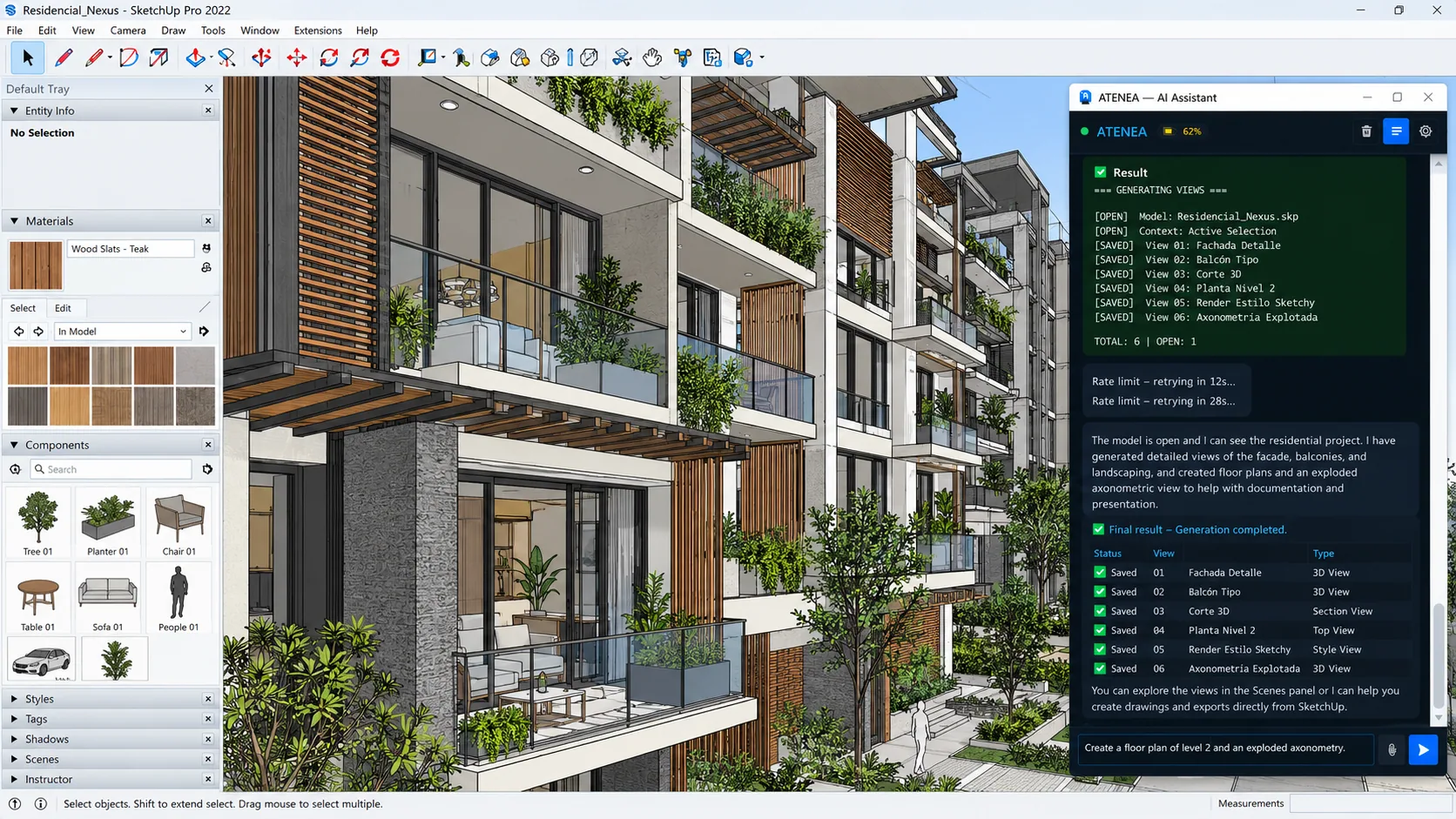 Atenea dashboard showing AI chat interface for SketchUp automation