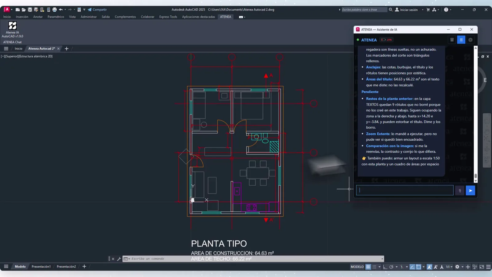 Atenea dashboard showing AI chat interface for AutoCAD automation