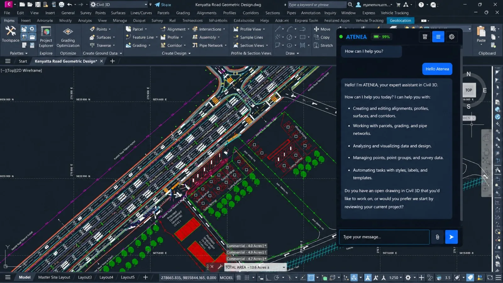 Atenea dashboard showing AI chat interface for Civil 3D automation