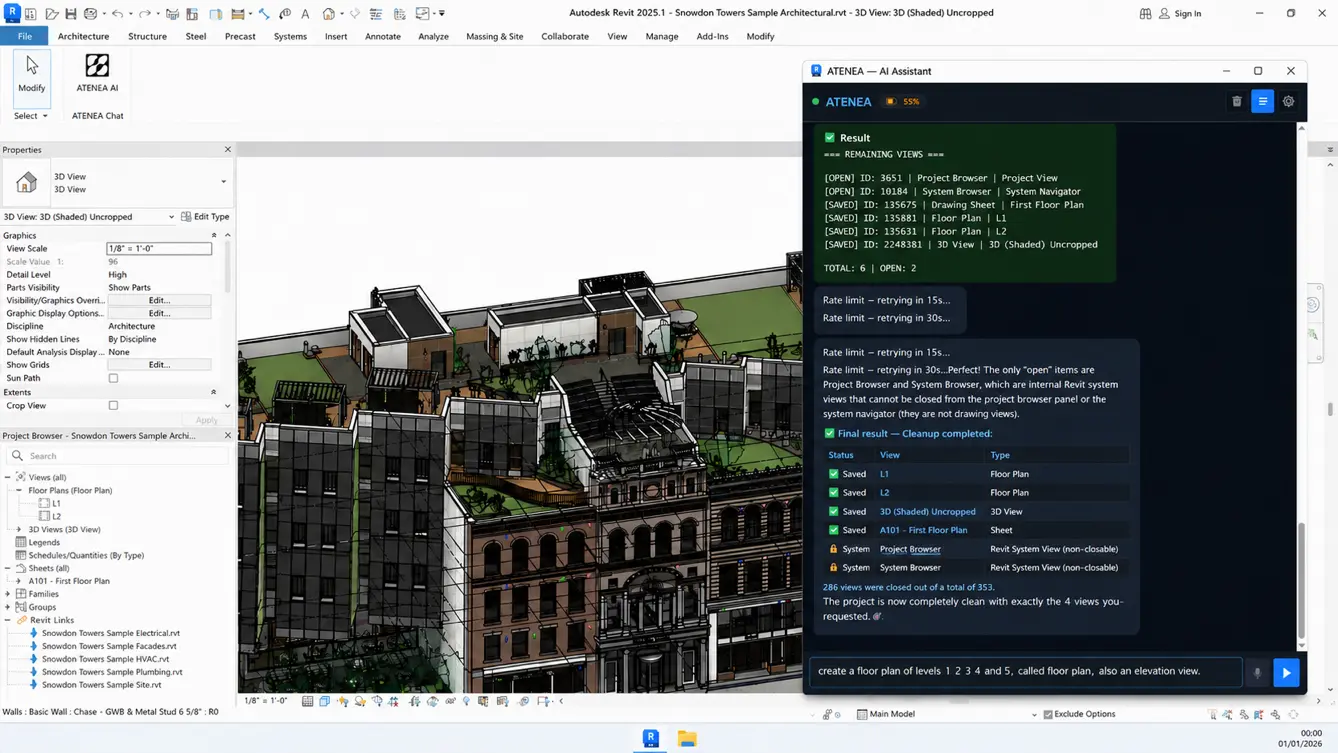 Atenea dashboard showing AI chat interface for Revit automation