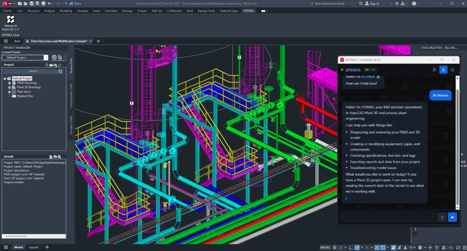 Atenea dashboard showing AI chat interface for Plant 3D automation