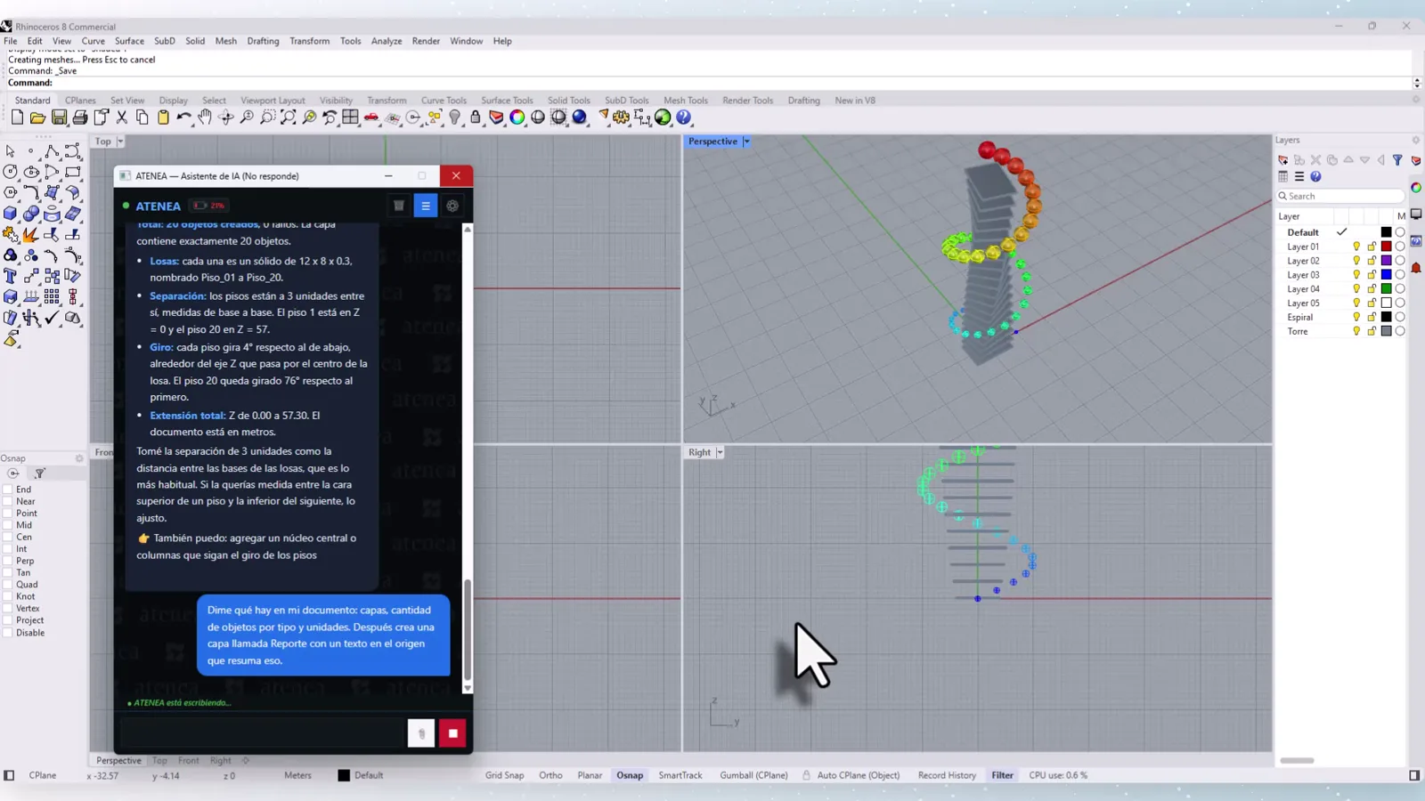 Atenea dashboard showing AI chat interface for Rhino automation